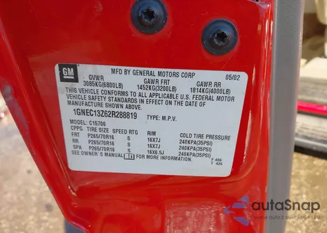 2002 Chevrolet Tahoe Ls z USA, uszkodzony, nr VIN 1GNEC13Z62R288819